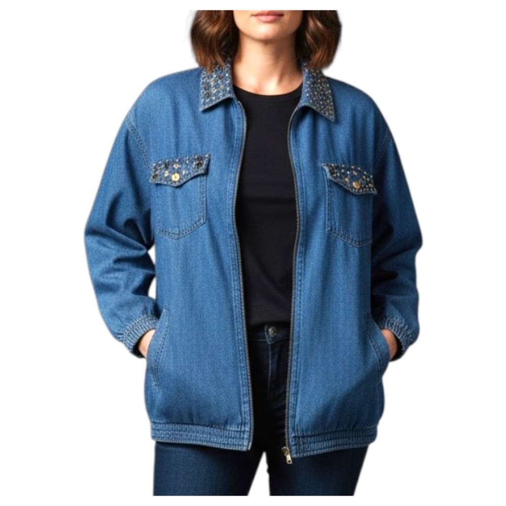 VTG Mureli Denim Bomber Jacket GOLD STUDS STARS RHINESTONES Embellished Bling S